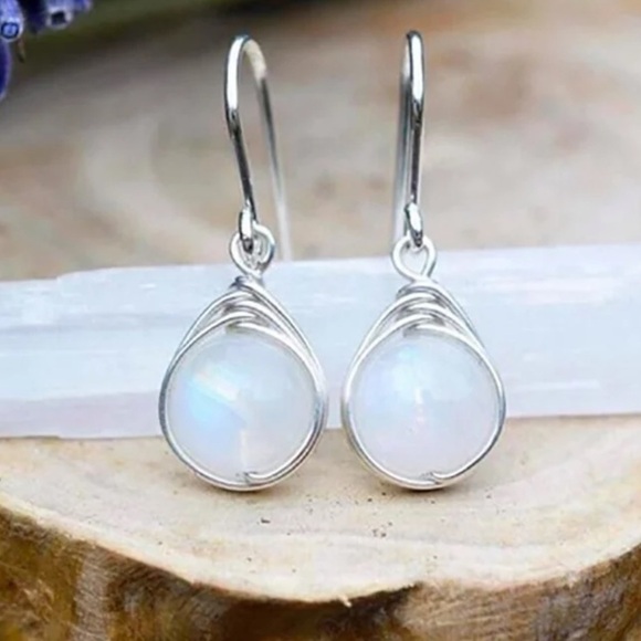 New 925 Silver Wire Wrapped Moonstone Earrings - Picture 2 of 6